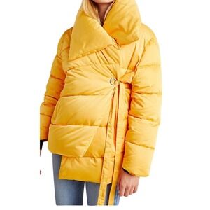 Avec Les Filles Puffer Coat Belted Shawl Collar Mango‎ Yellow Size S